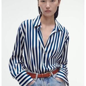 Zara satin  shirt stripes blue white S oversized NwT